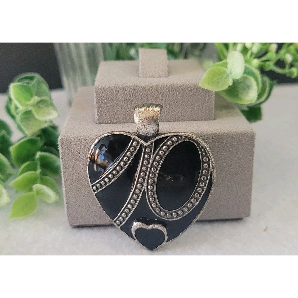 Black Heart Pendant Silver Tone Enamel Style Geometric Statement Necklace Charm